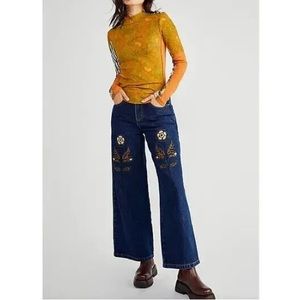 Free People x Meadows Embroidered Floral Jeans
